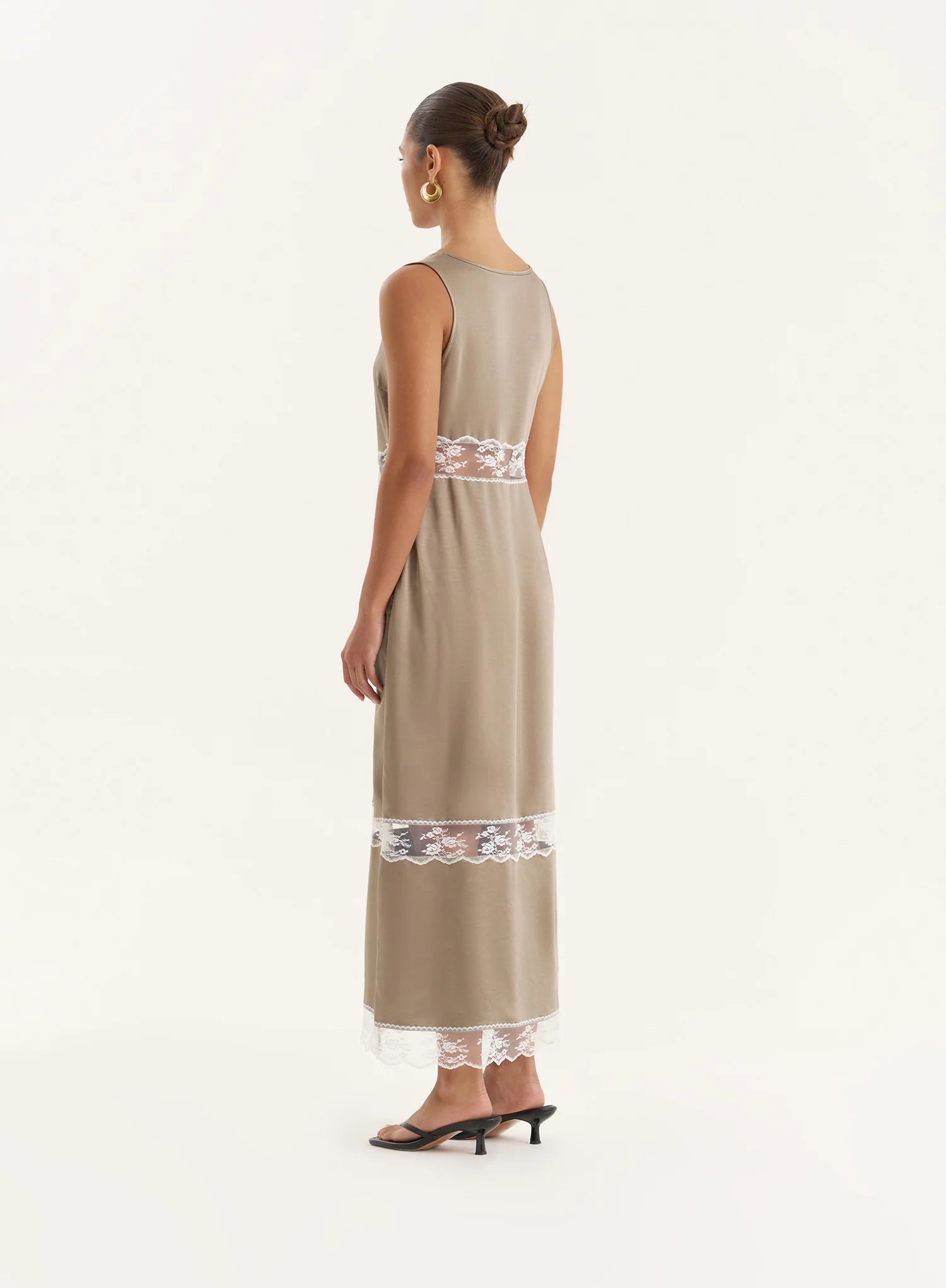 Khaki Satin Lace Cut Out Maxi Dress