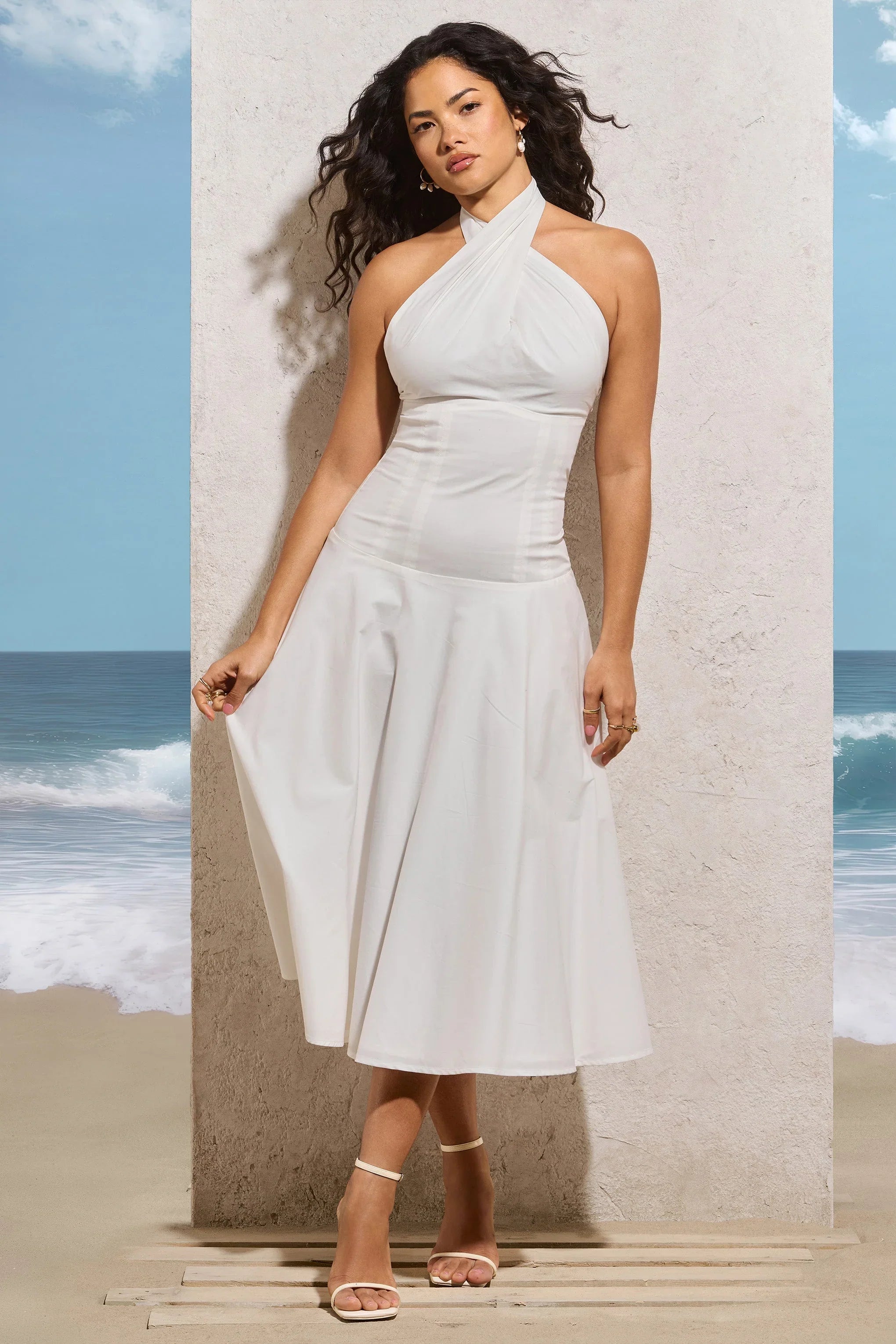 Saint Malo White Halter Neck Midi Dress
