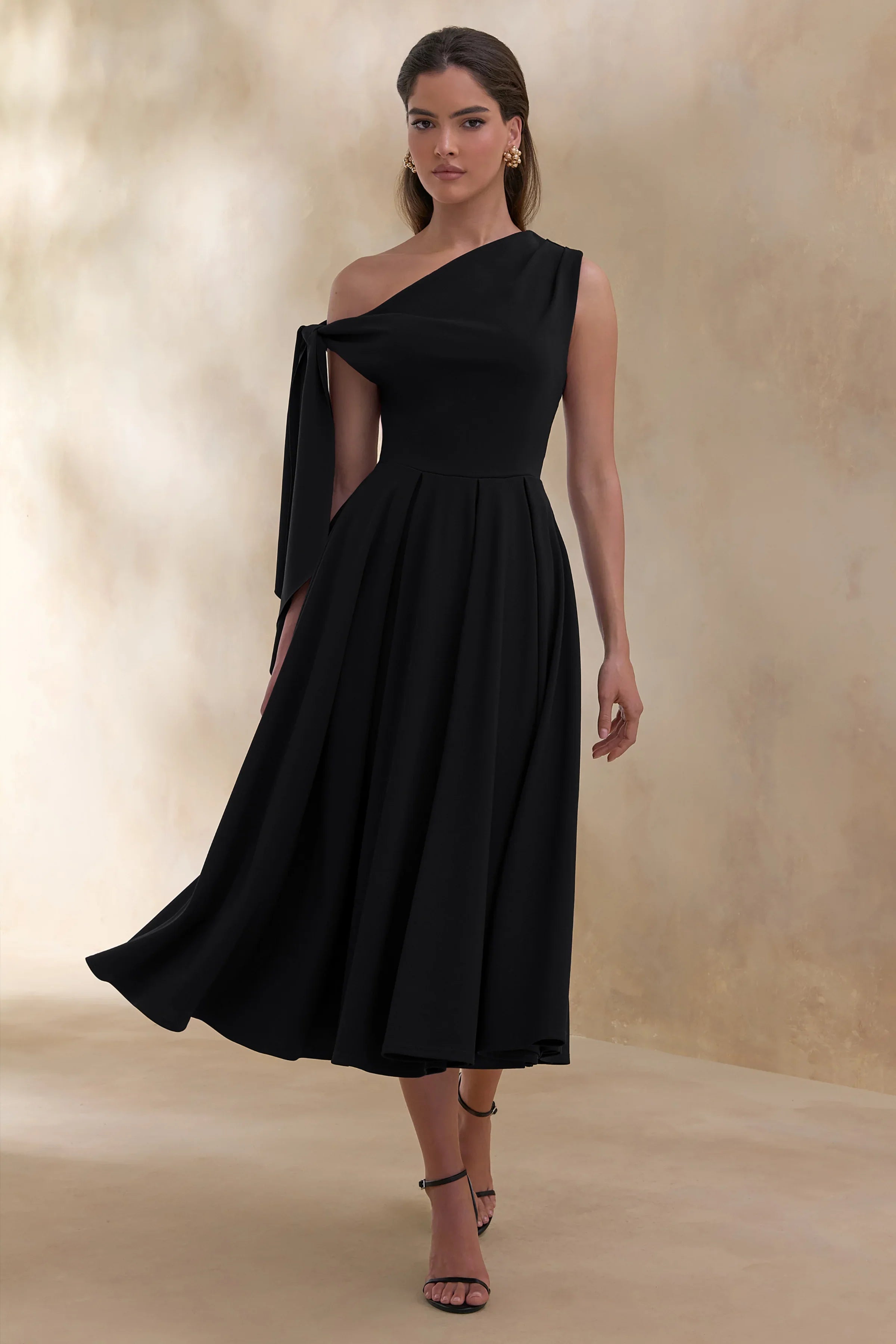 Daring Black Asymmetric Neck Midi Dress With Knot Detail