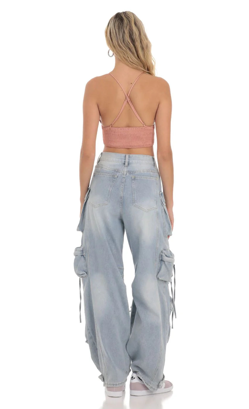 Front Tie Satin Top in Apricot