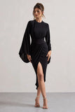 Lennox Black Drape Sleeve Gathered Midi Dress