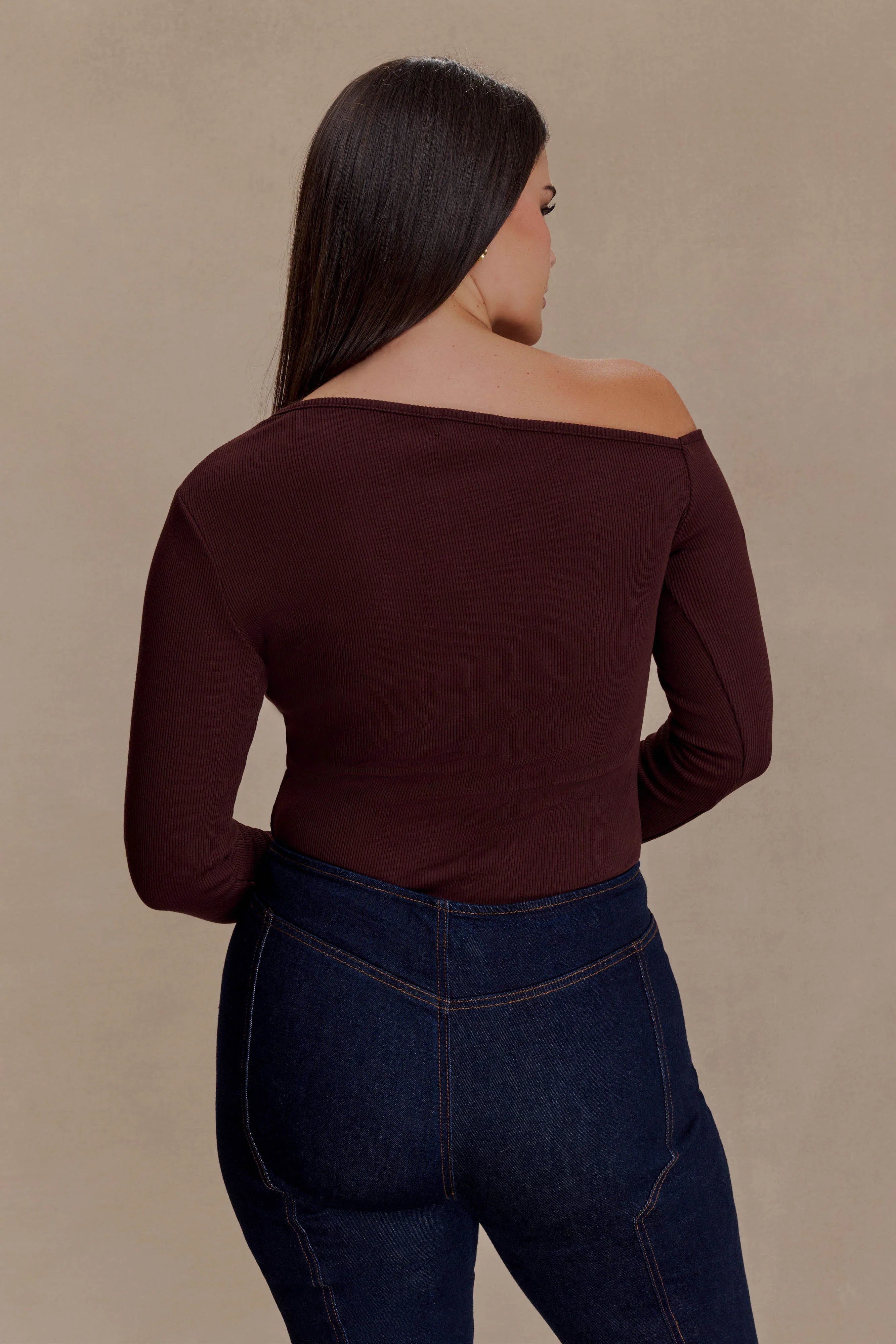 Maelle Off Shoulder Long Sleeve Top Deep Chocolate