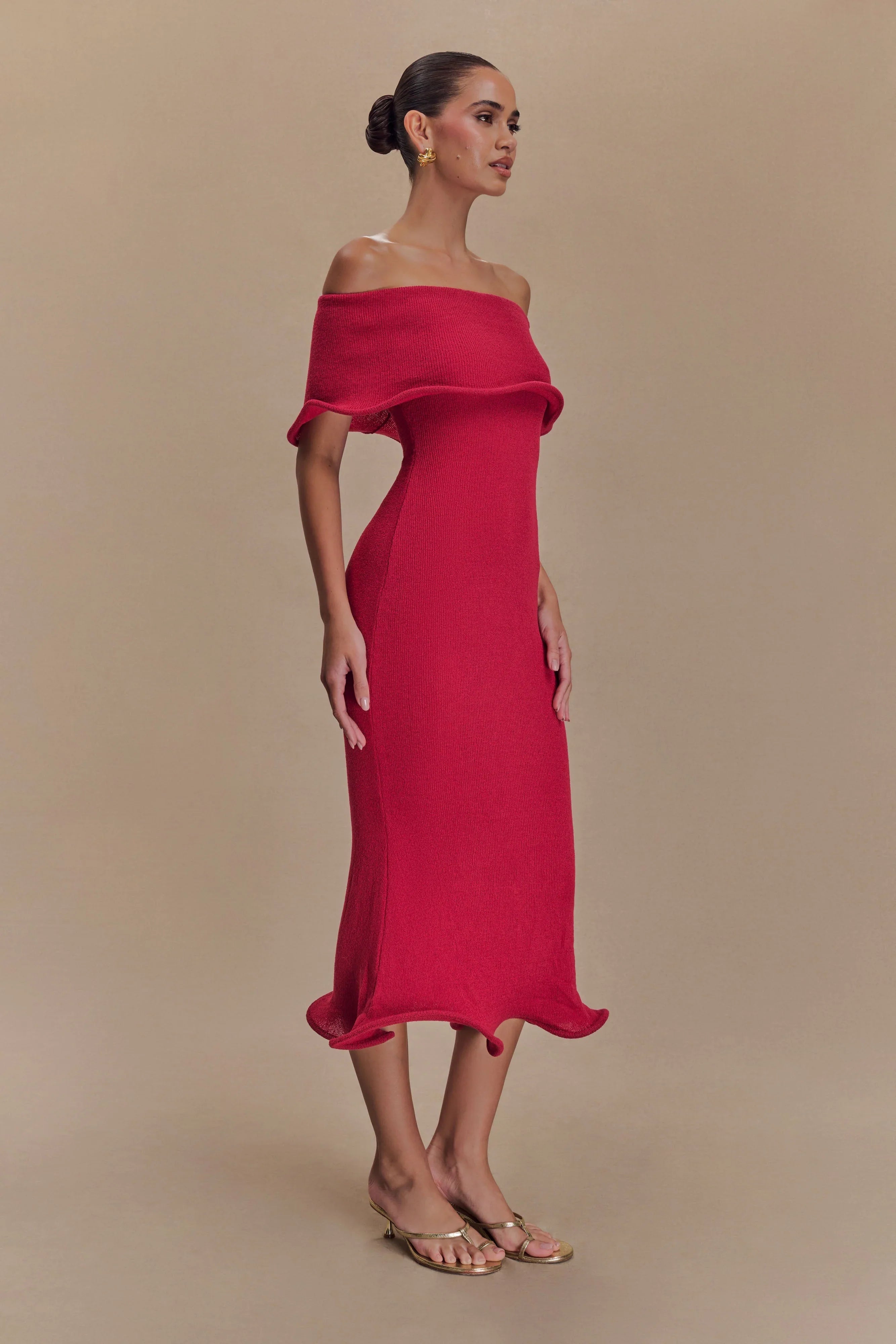 Molly Off Shoulder Knit Midi Dress Raspberry