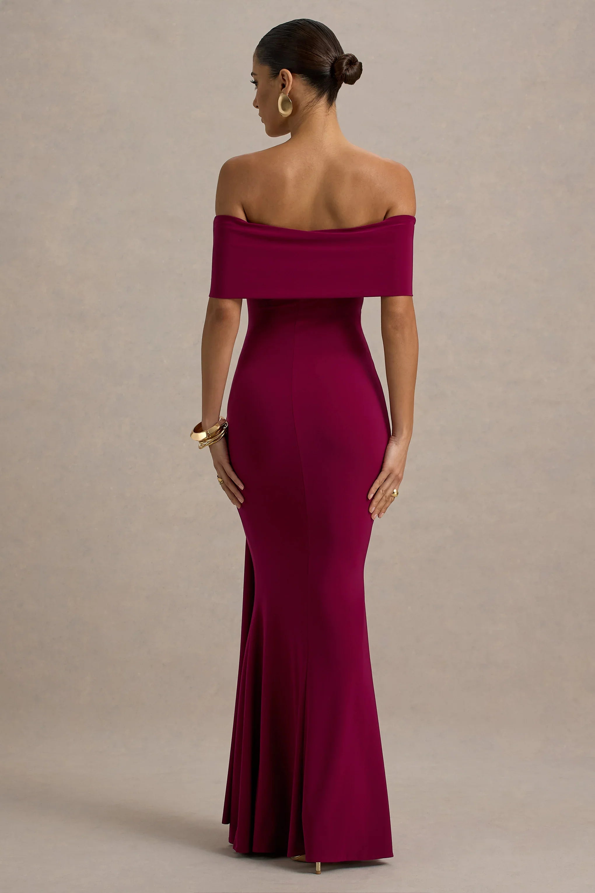 Delma Burgundy Bardot Maxi Dress With Drape Detail