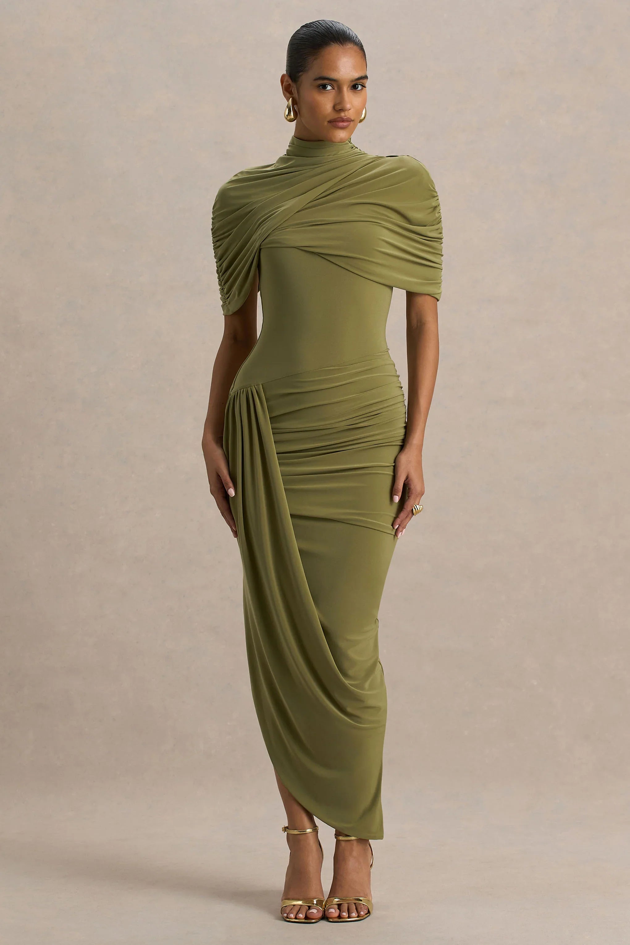 Enchant Olive Asymmetric Twisted Cape Midi Dress