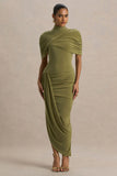 Enchant Olive Asymmetric Twisted Cape Midi Dress