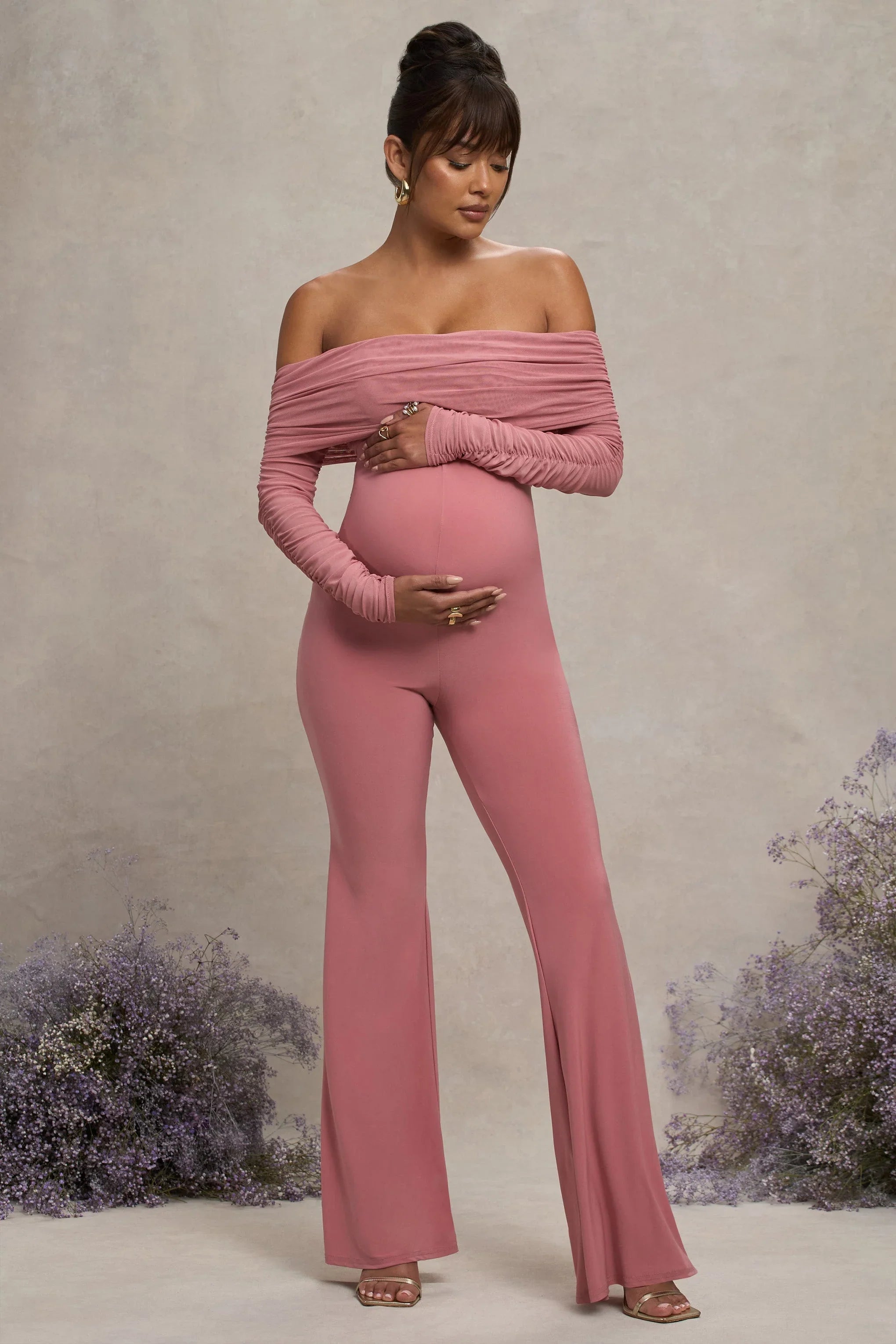 Count Down Blush Pink Maternity Ruched Mesh Bardot Jumpsuit