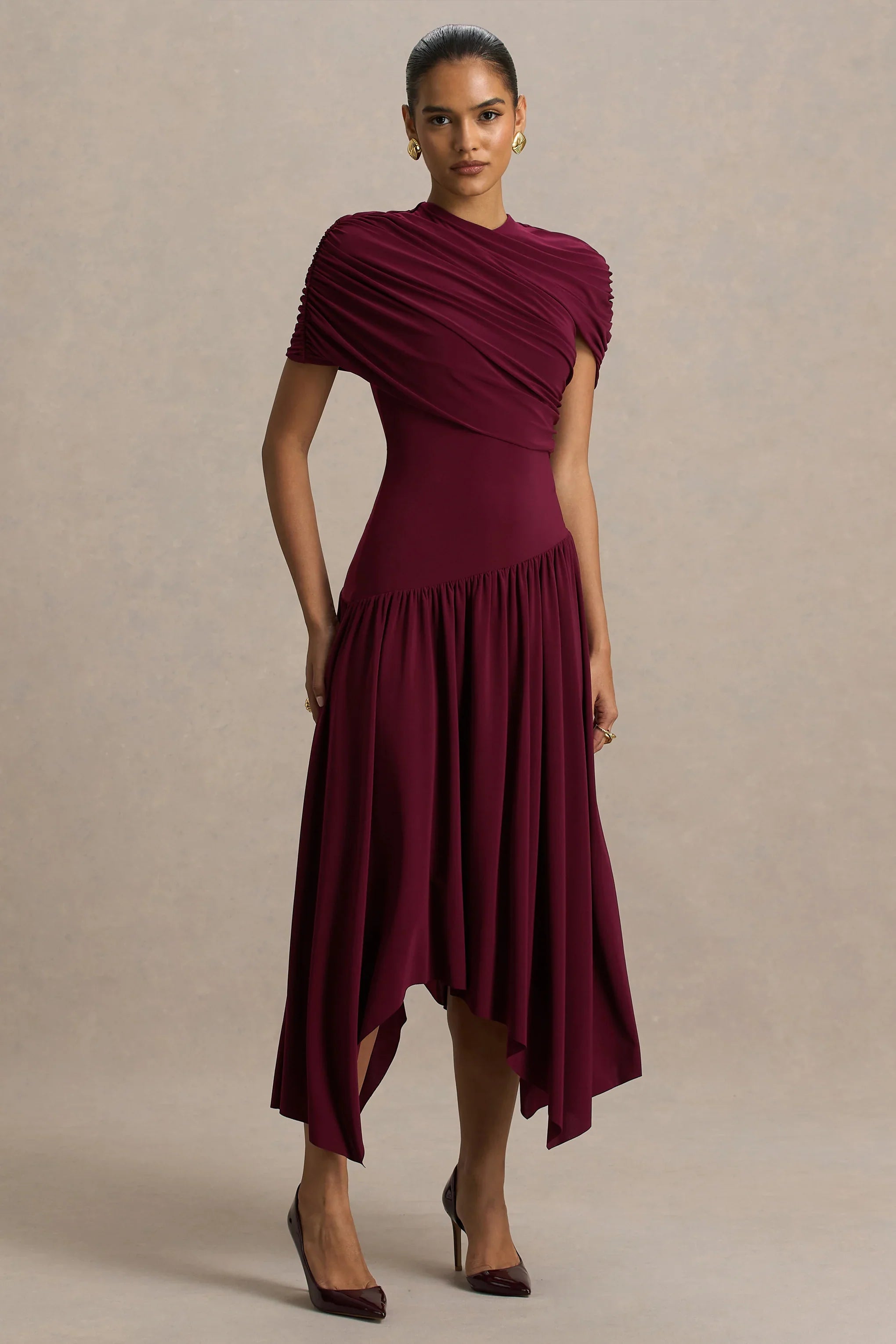 Ione Burgundy Wrapped Midi Dress With Hanky Hem