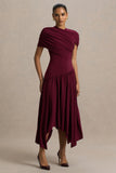 Ione Burgundy Wrapped Midi Dress With Hanky Hem