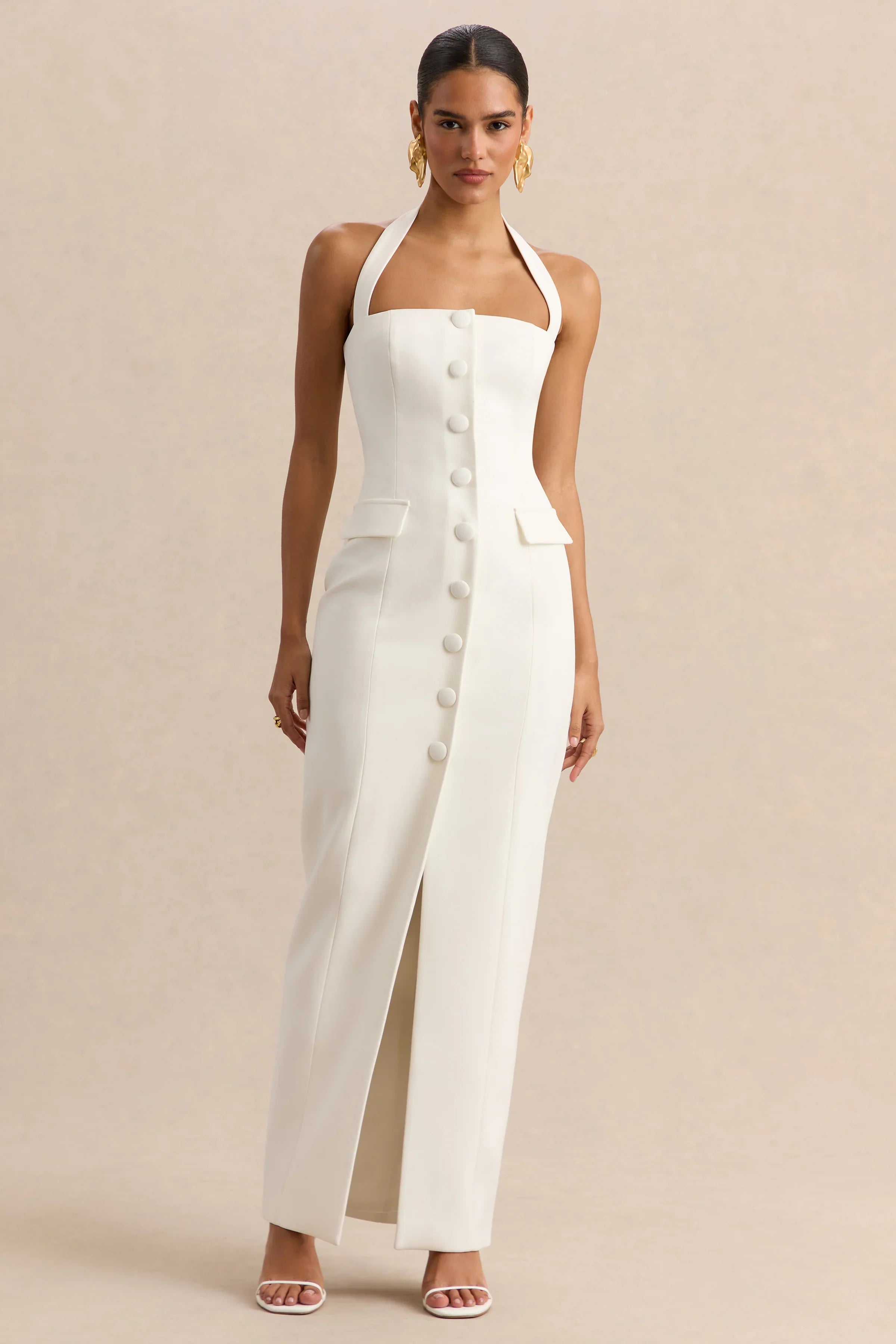 Steph White Halter Neck Tailored Maxi Dress