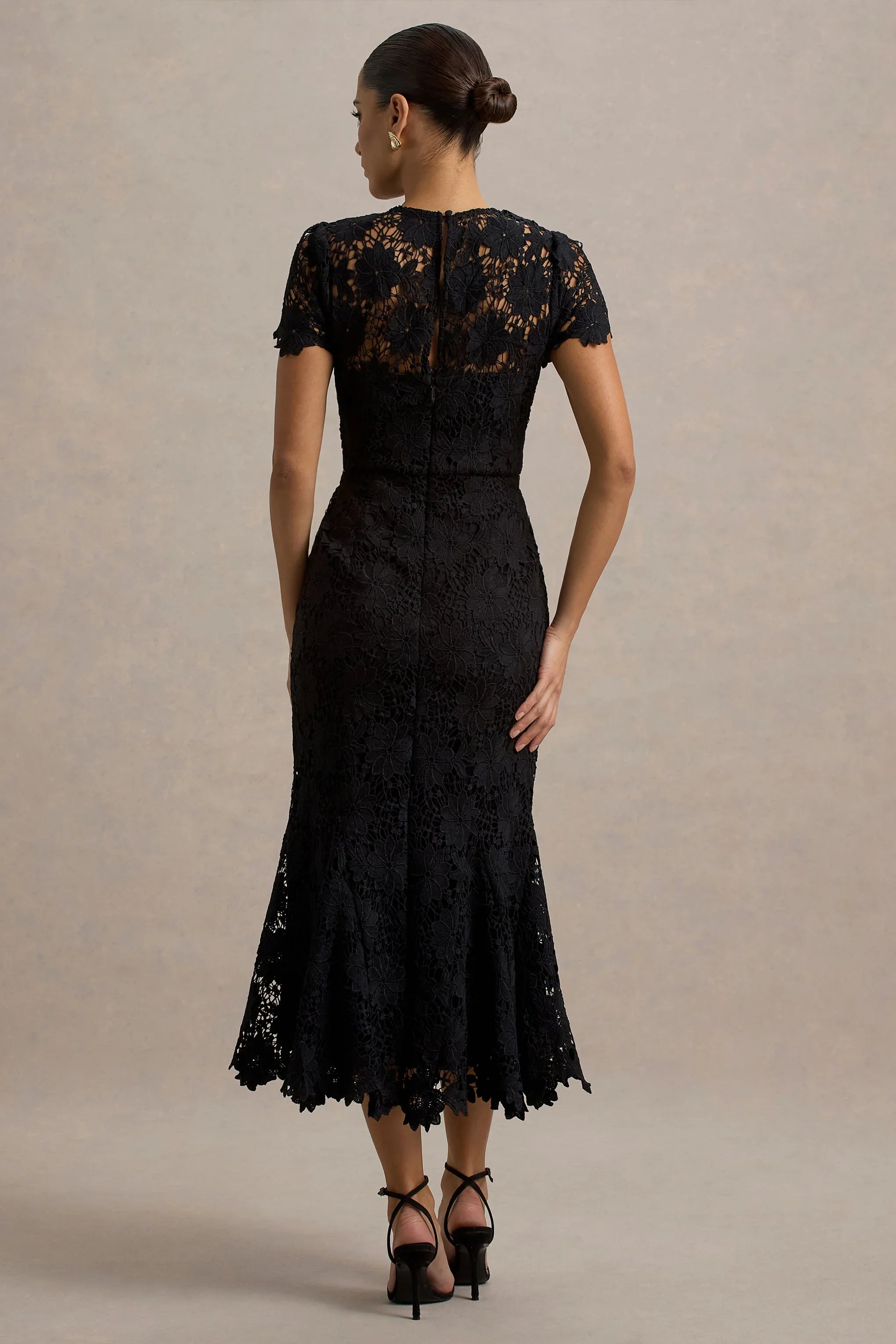Clarissa Black Lace Short Sleeve Midi Dress