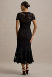 Clarissa Black Lace Short Sleeve Midi Dress