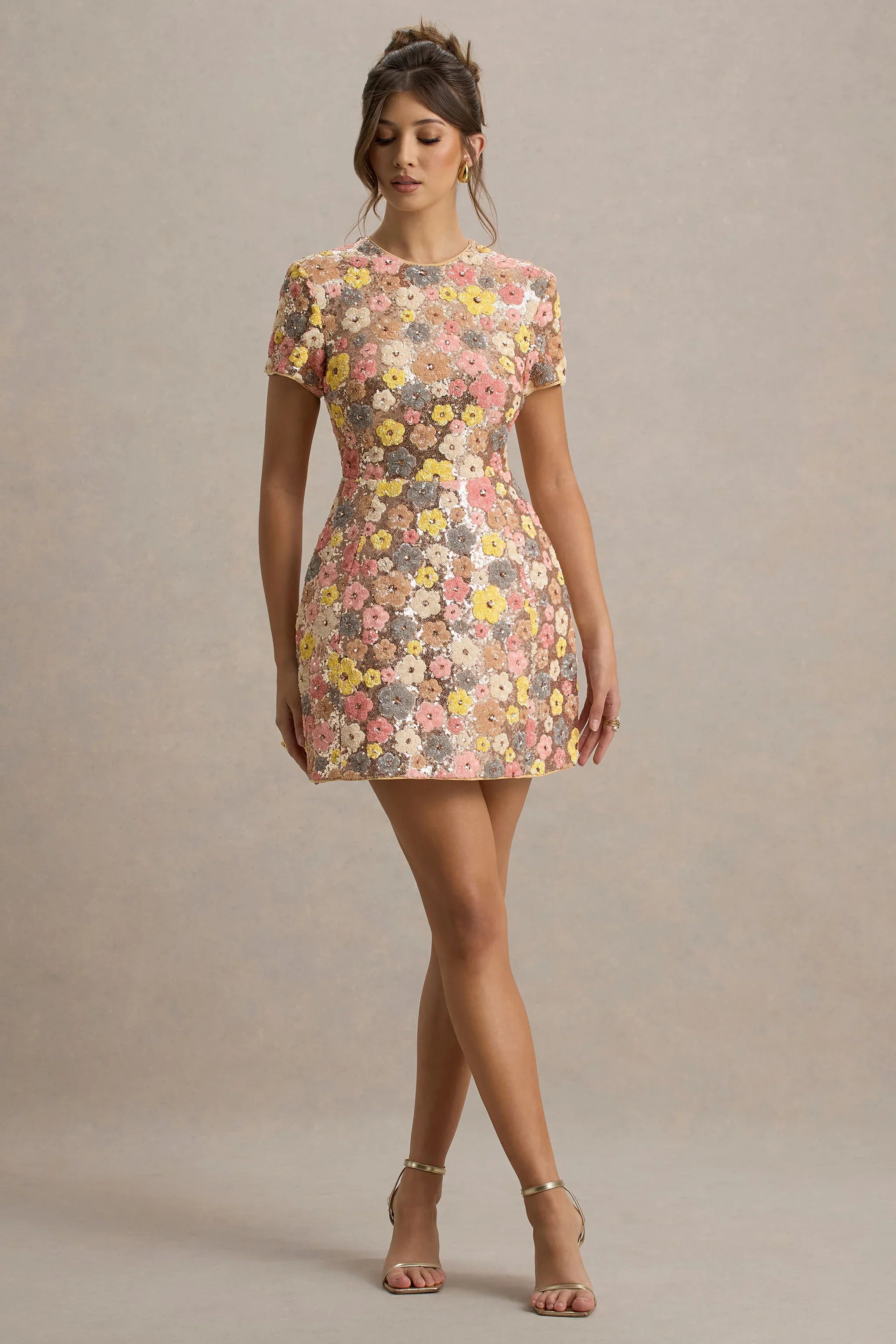 Eira Pastel Floral Print Embellished Mini Dress