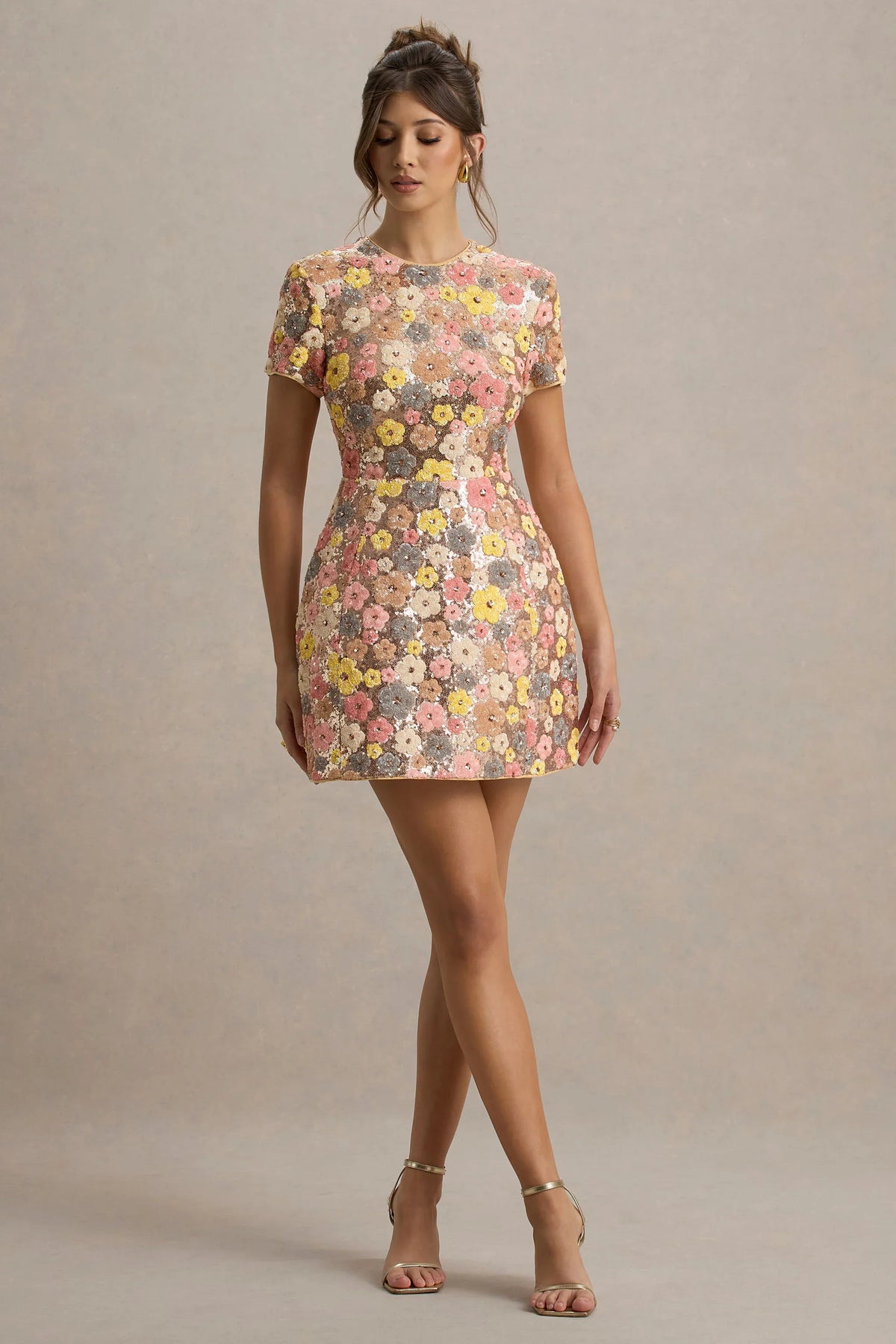 Eira Pastel Floral Print Embellished Mini Dress