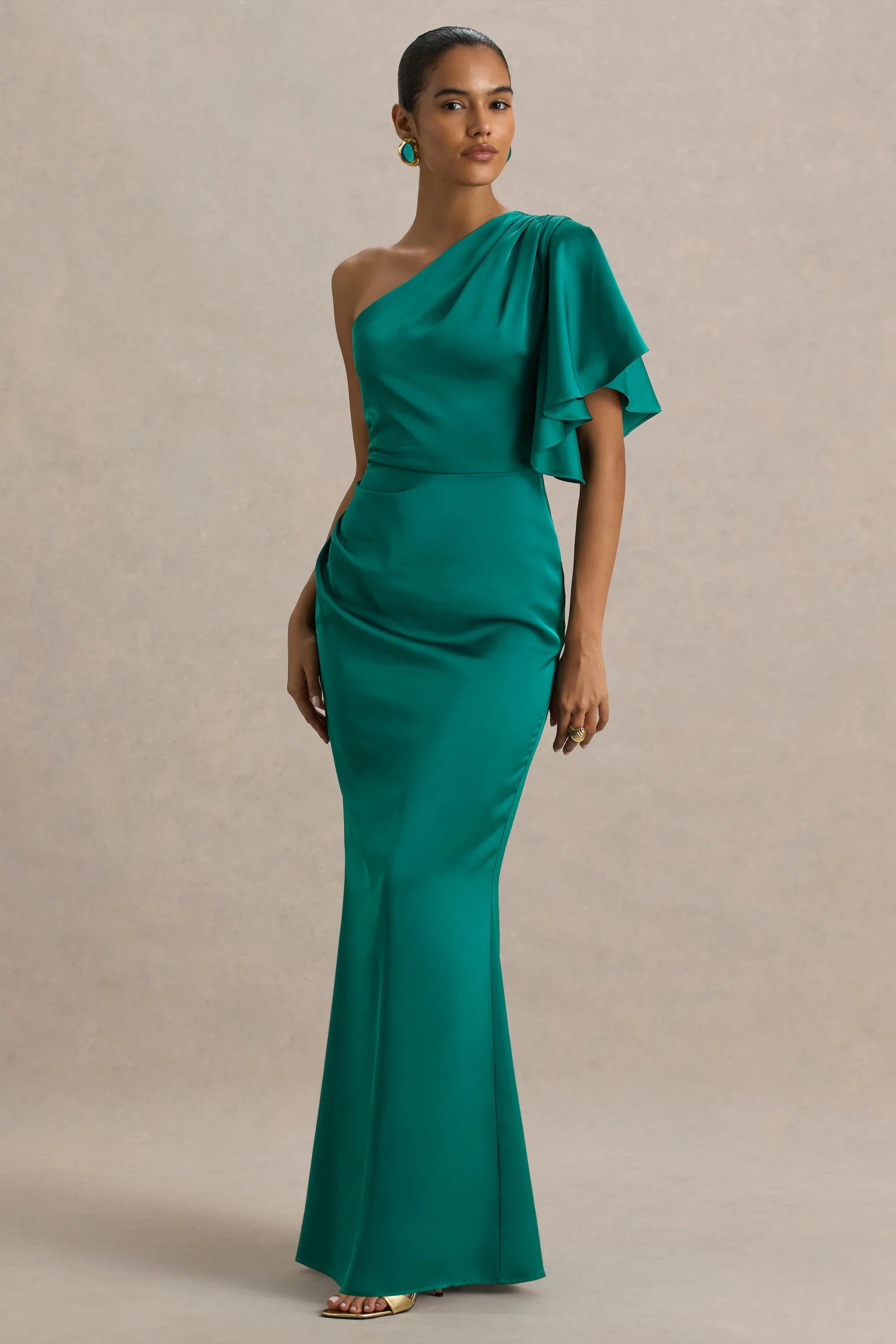 Unforgettable Bottle Green Asymmetric Neck Maxi Dress With Ruffled Detailing