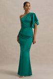 Unforgettable Bottle Green Asymmetric Neck Maxi Dress With Ruffled Detailing