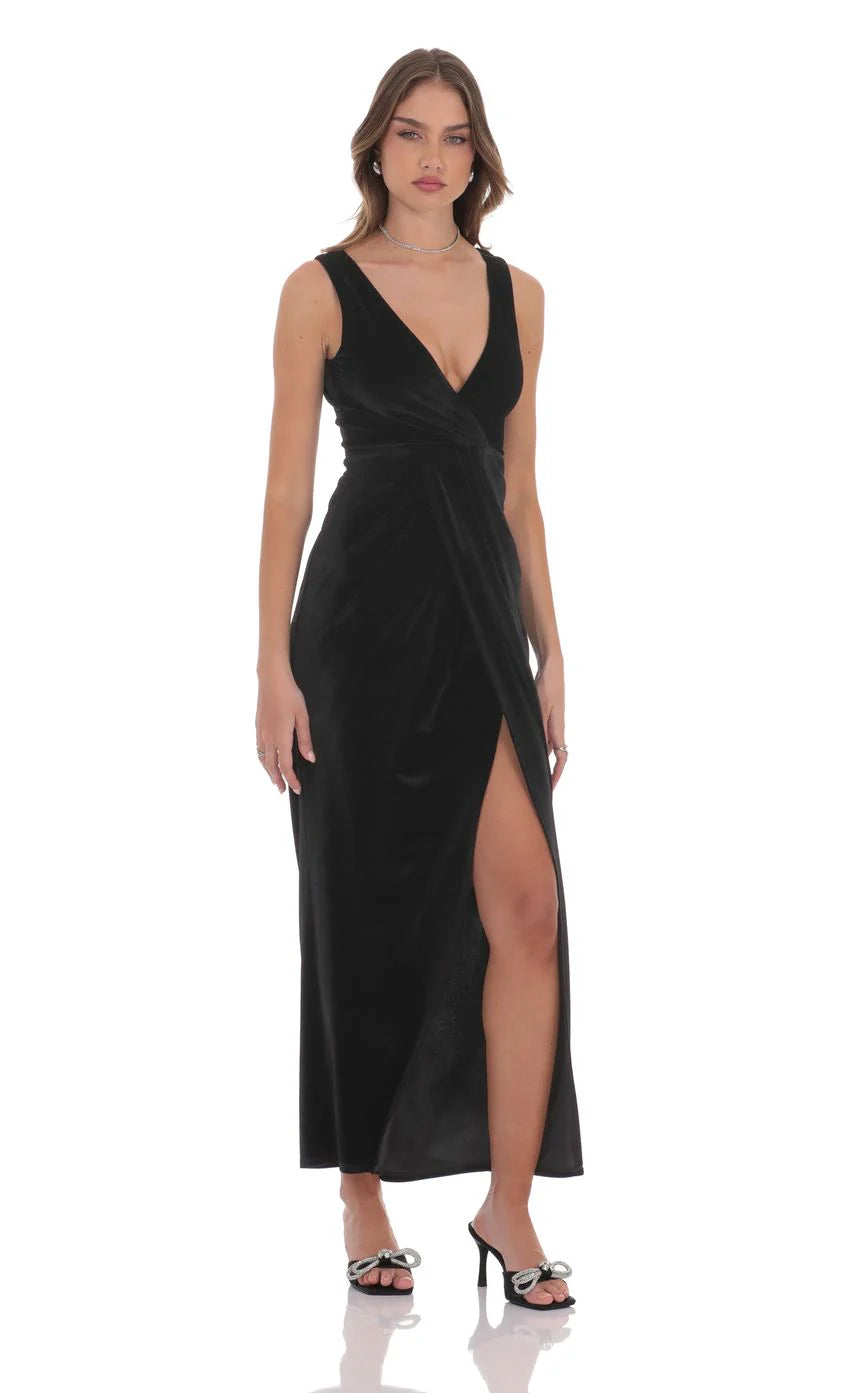 Velvet V Neck Slit Maxi Dress in Black