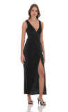 Velvet V Neck Slit Maxi Dress in Black