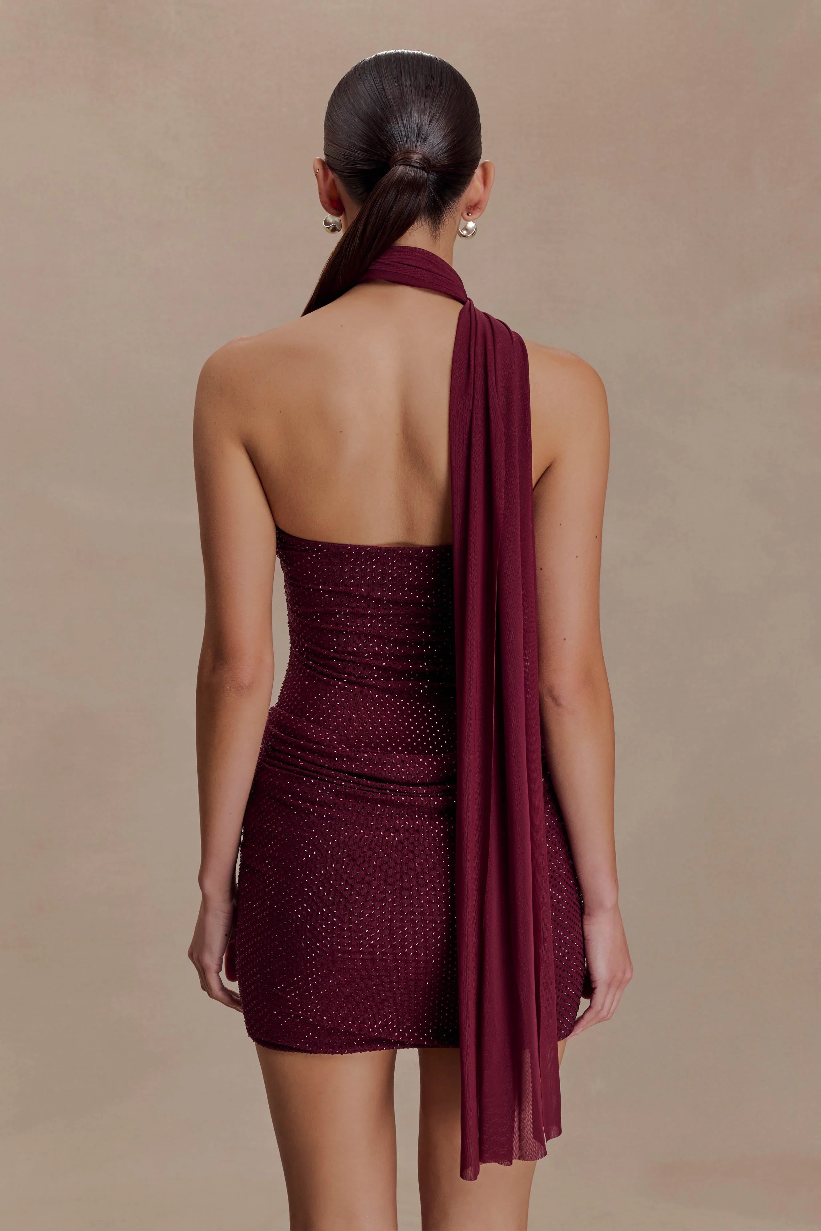 Mattea Diamante Mini Dress With Scarf Plum