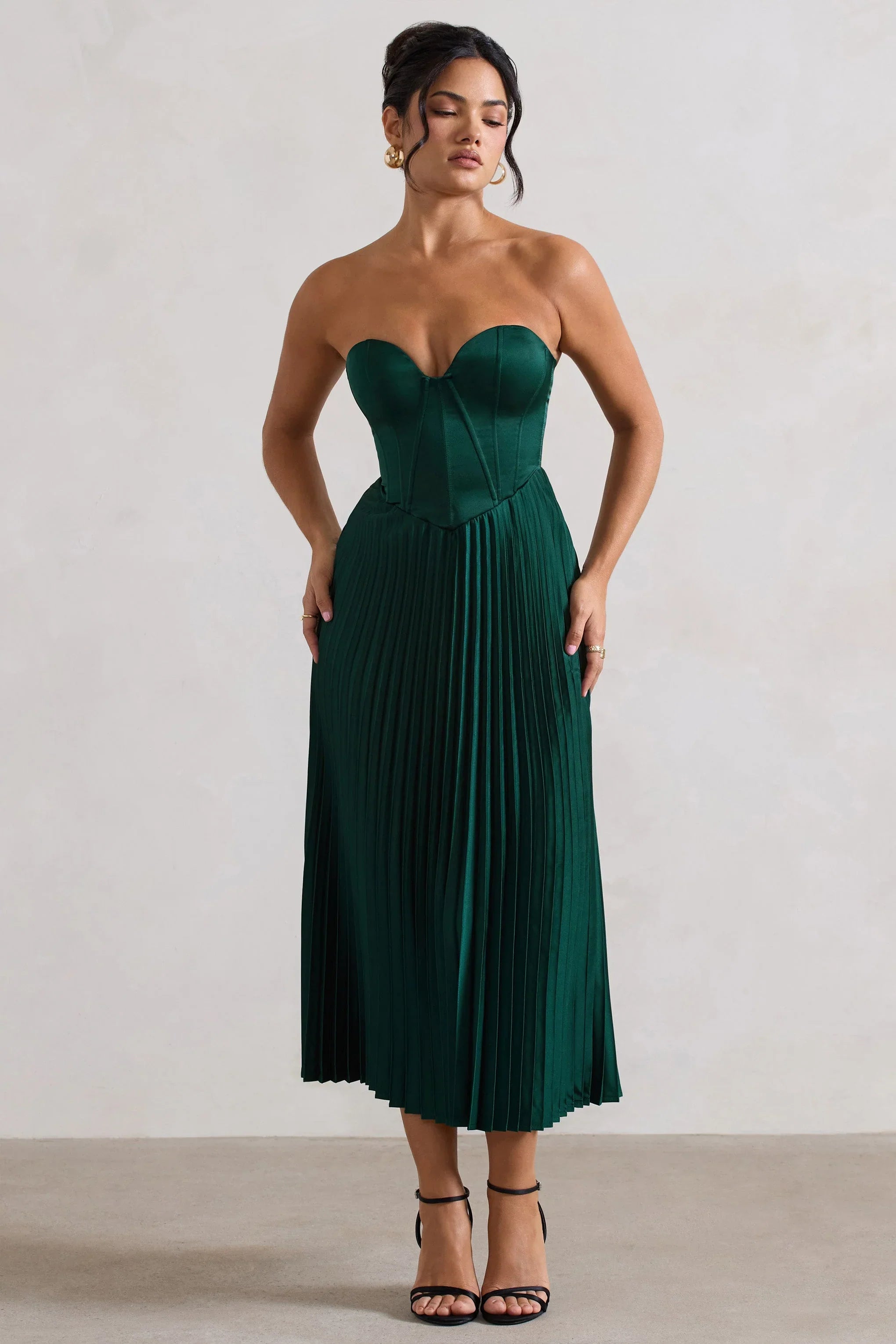 Bordeaux Green Satin Corset Style Midi Dress