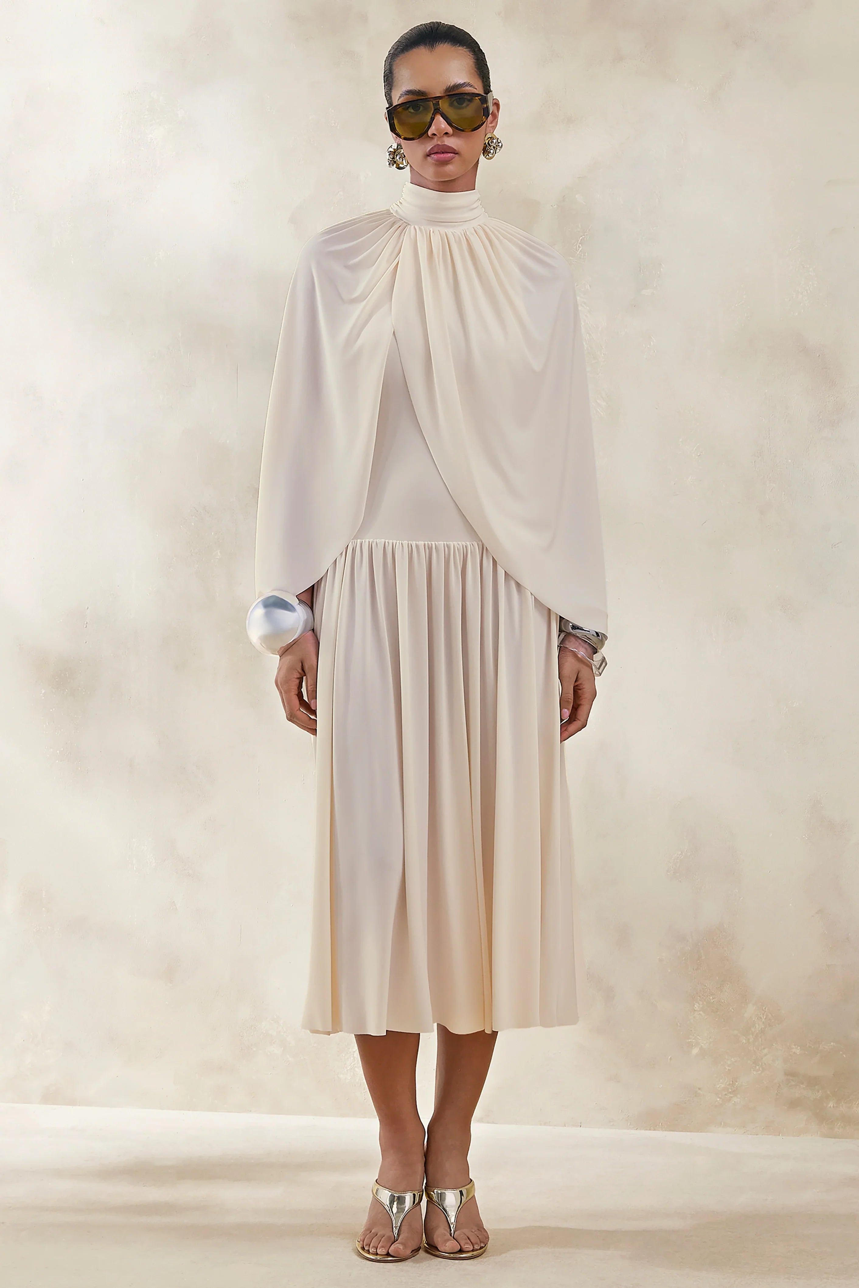Honora Cream High Neck Midi Dress With Cape Sleeves
