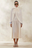 Honora Cream High Neck Midi Dress With Cape Sleeves