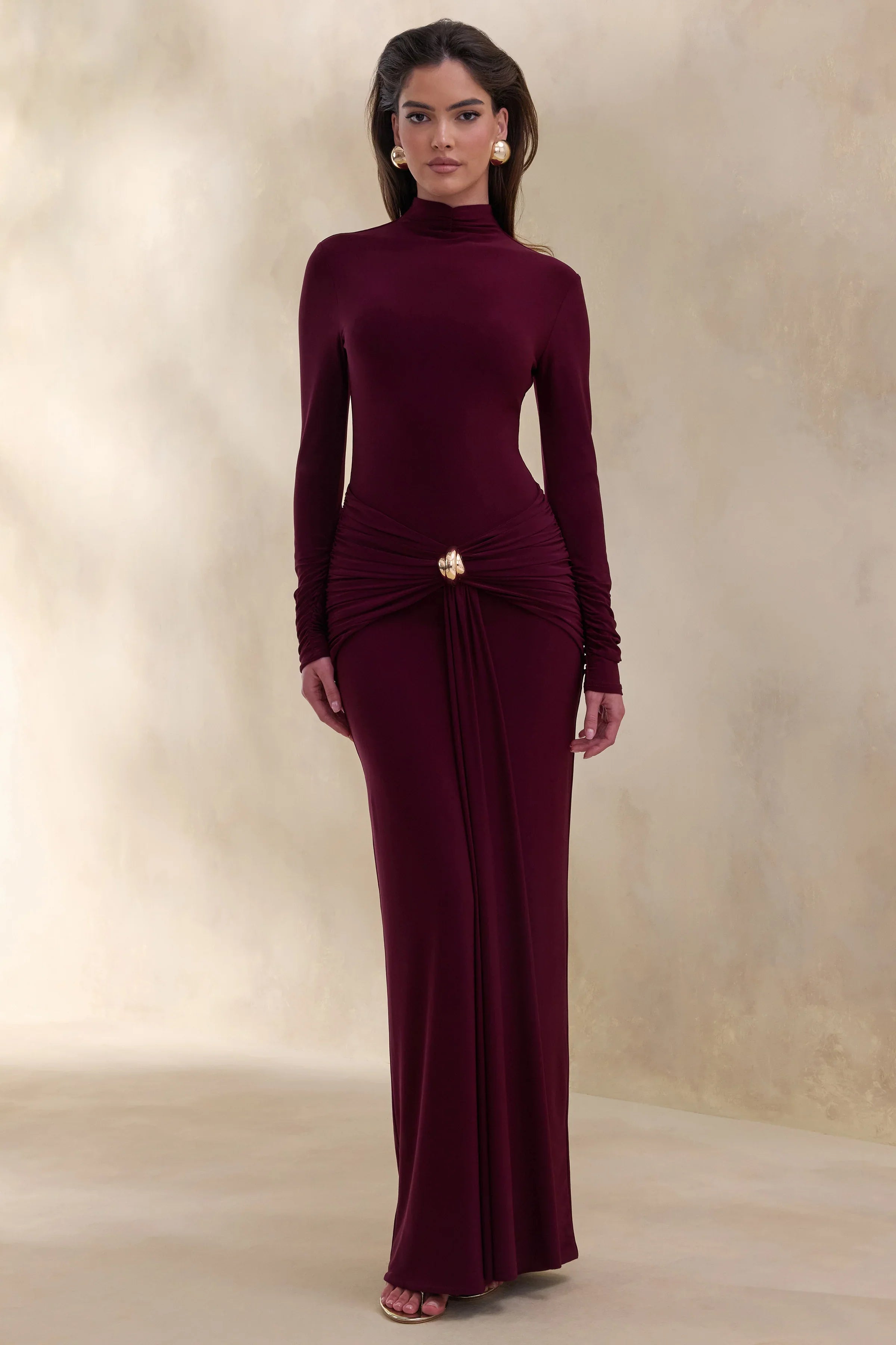 Ambrette Dark Plum High Neck Maxi Dress With Gathered Detailing