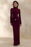 Ambrette Dark Plum High Neck Maxi Dress With Gathered Detailing