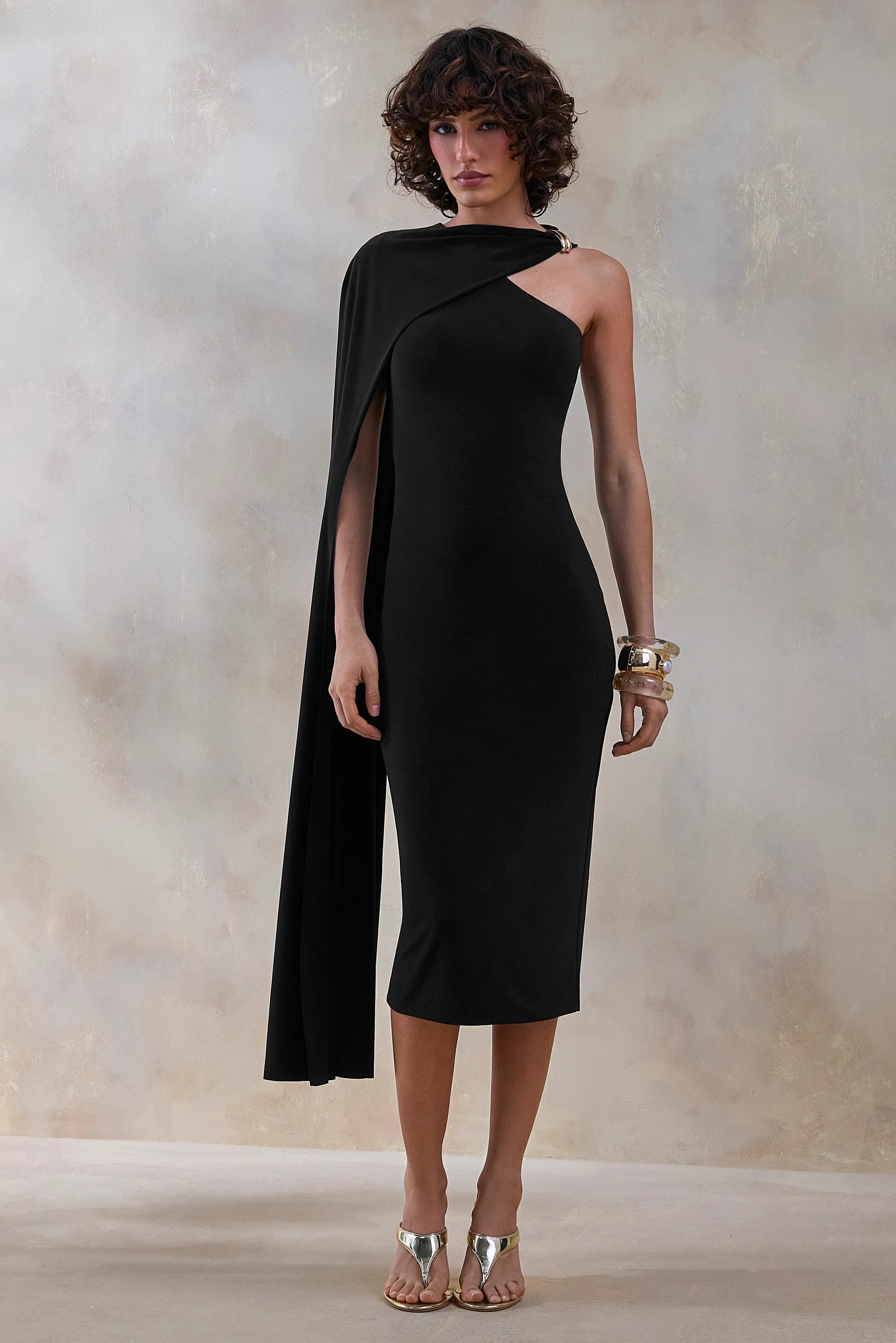 Misoria Black High Neck Midi Dress With Cape Sleeve