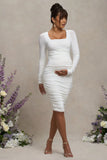 New Life White Maternity Square Neck Ruched Midi Dress