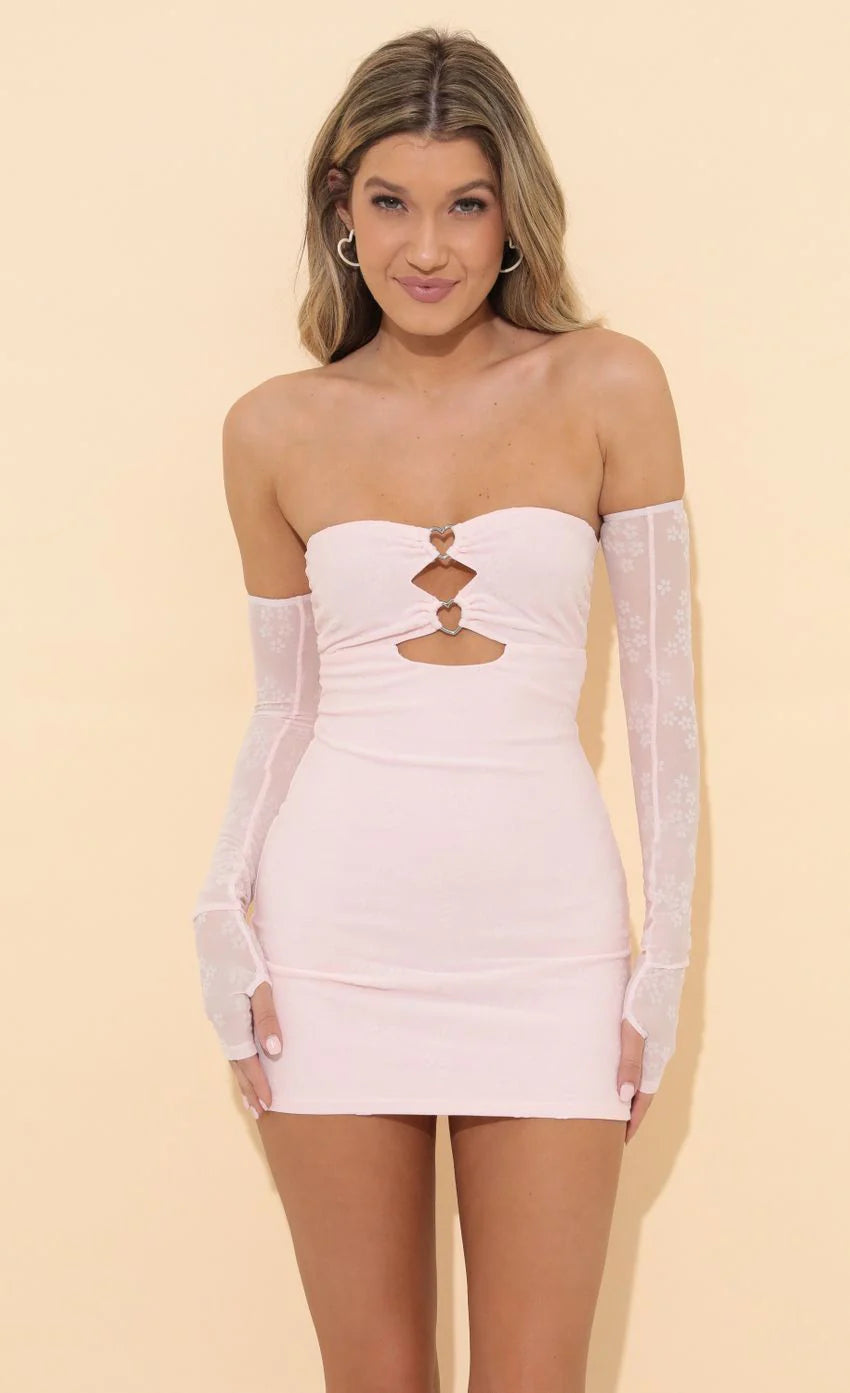 Floral Cutout Bodycon Dress in Pink with Gloves