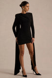 Zora Black Crew Neck Mini Dress With Knot And Sash Detail