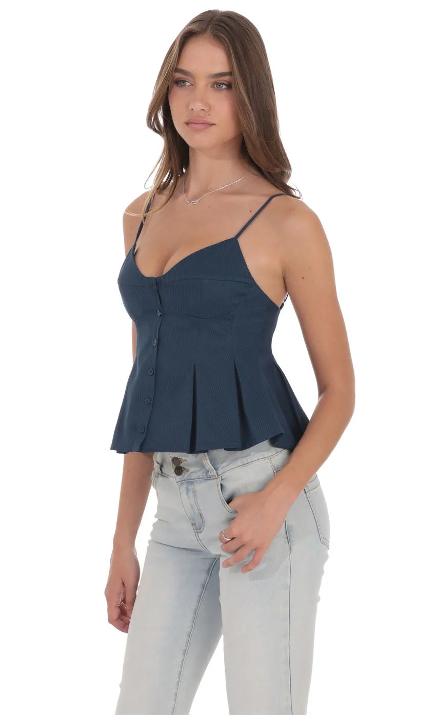 Pinstripe Pleated Flare Top in Navy