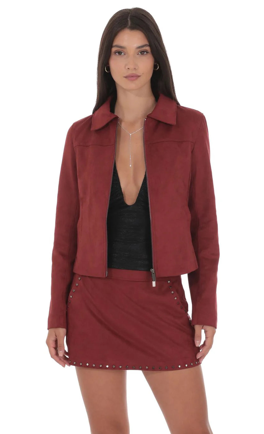 Suede Zip Up Jacket in Maroon