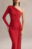 Anne Red Asymmetric Neck Wrapped Maxi Dress With Sash