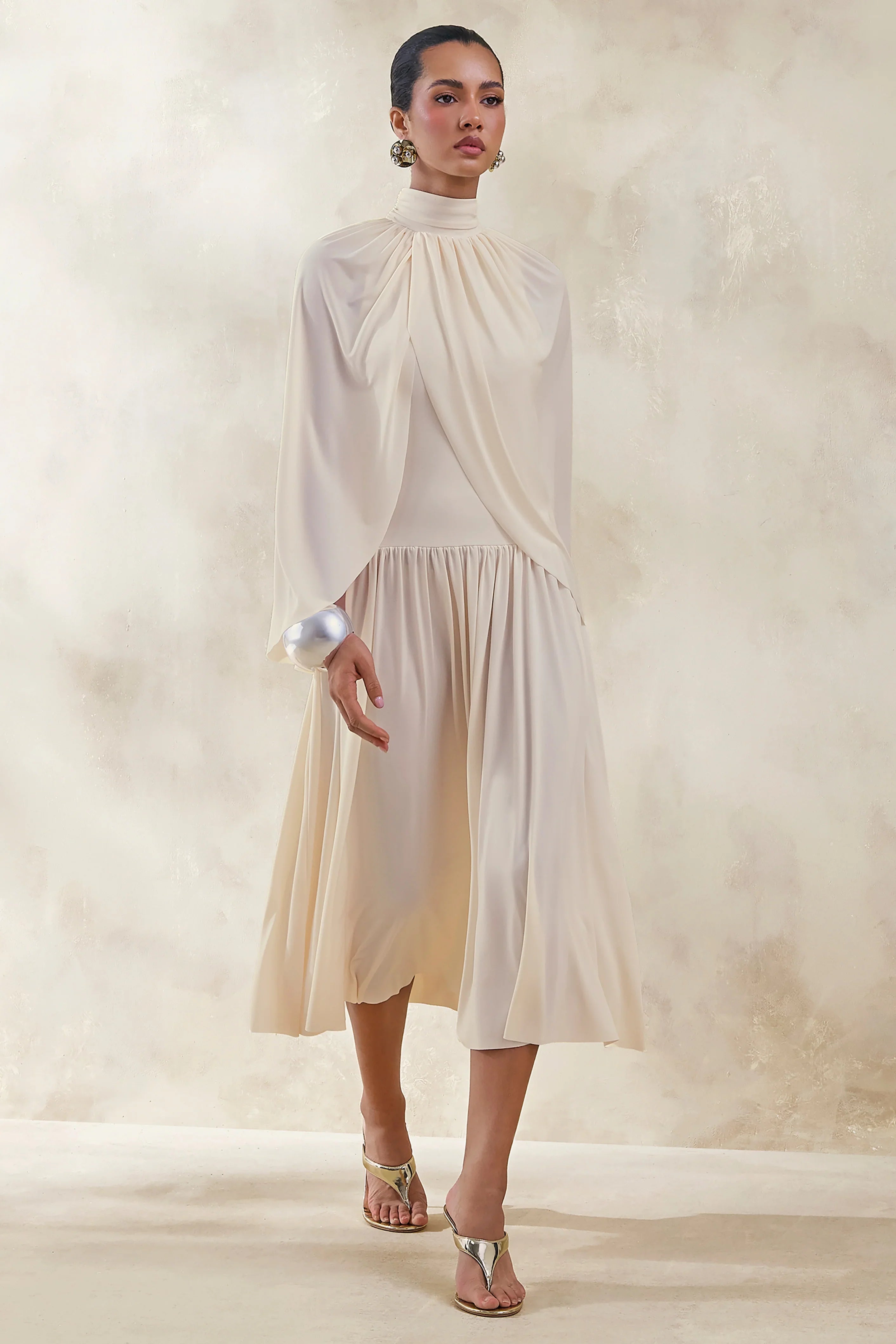 Honora Cream High Neck Midi Dress With Cape Sleeves