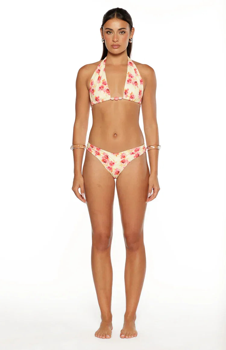Sunbeam Yellow and Pink Floral Print Halter Bikini Top