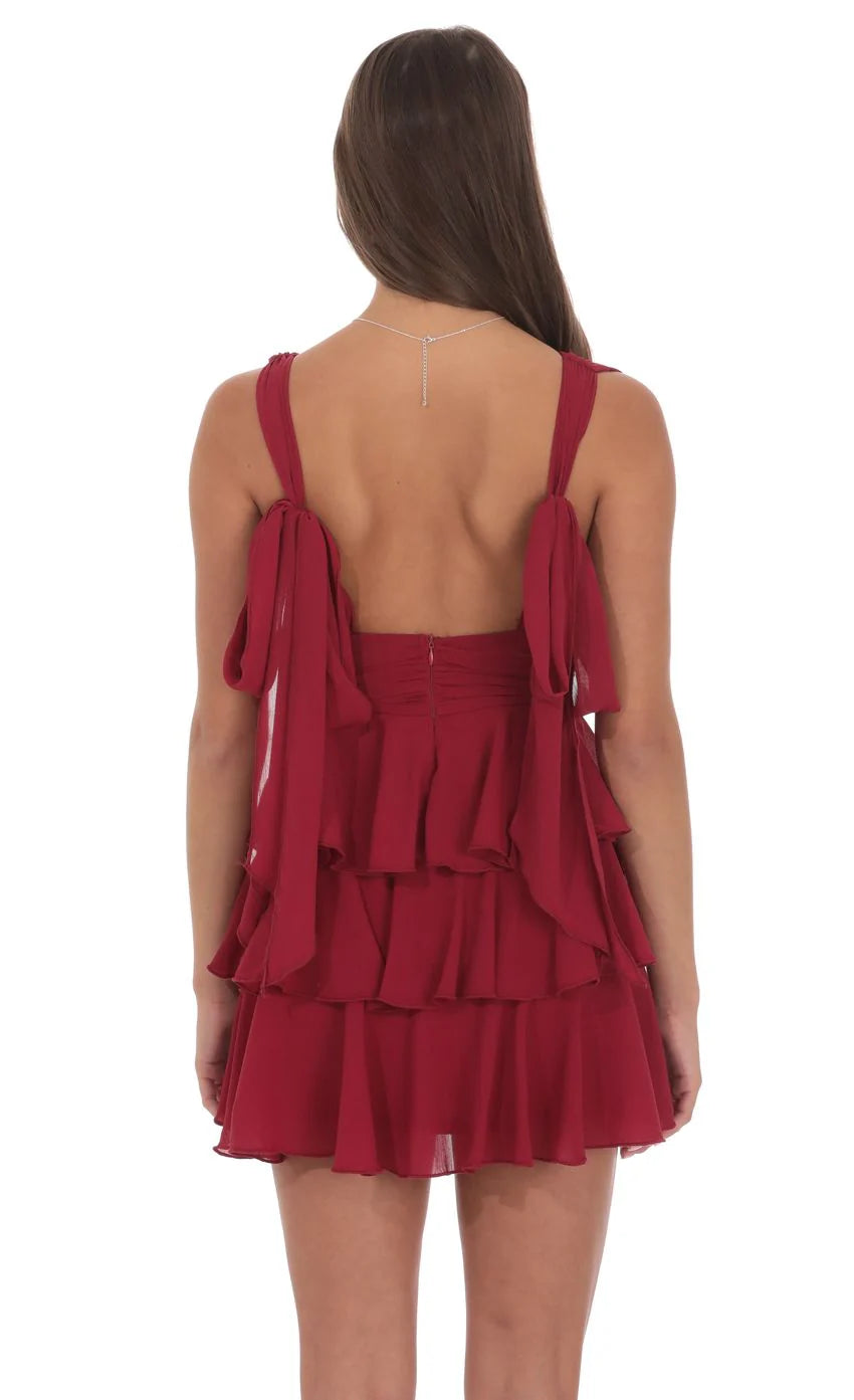 Plunge Neck Ruffle Dress in Maroon