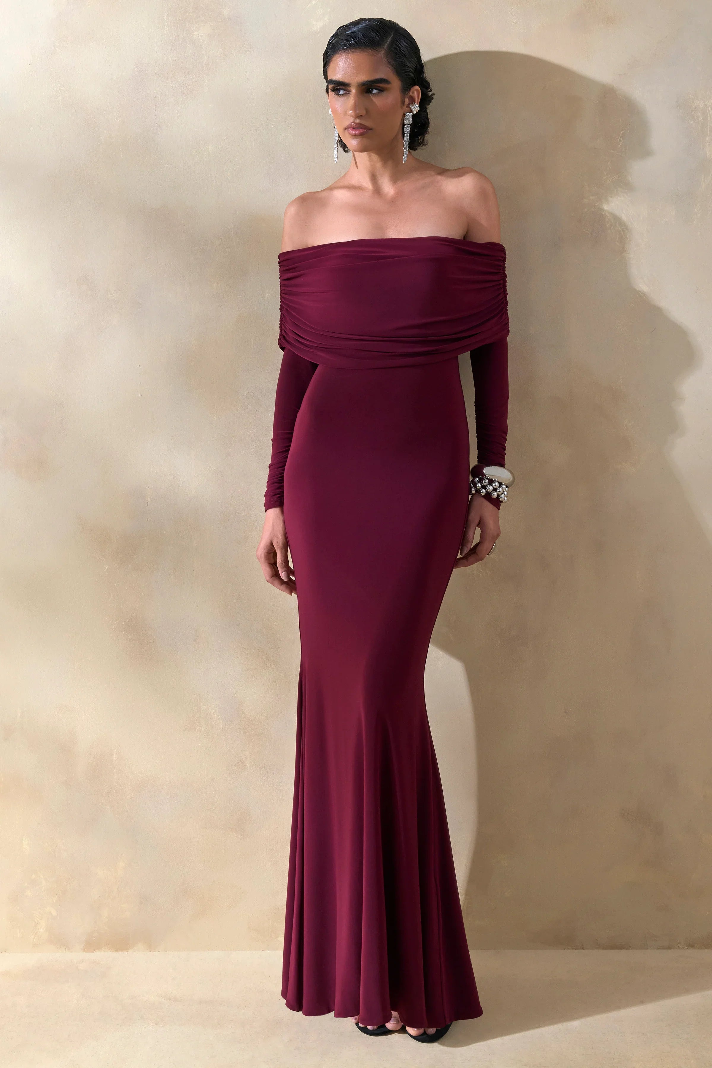 Brisea Burgundy Bardot Neck Maxi Dress