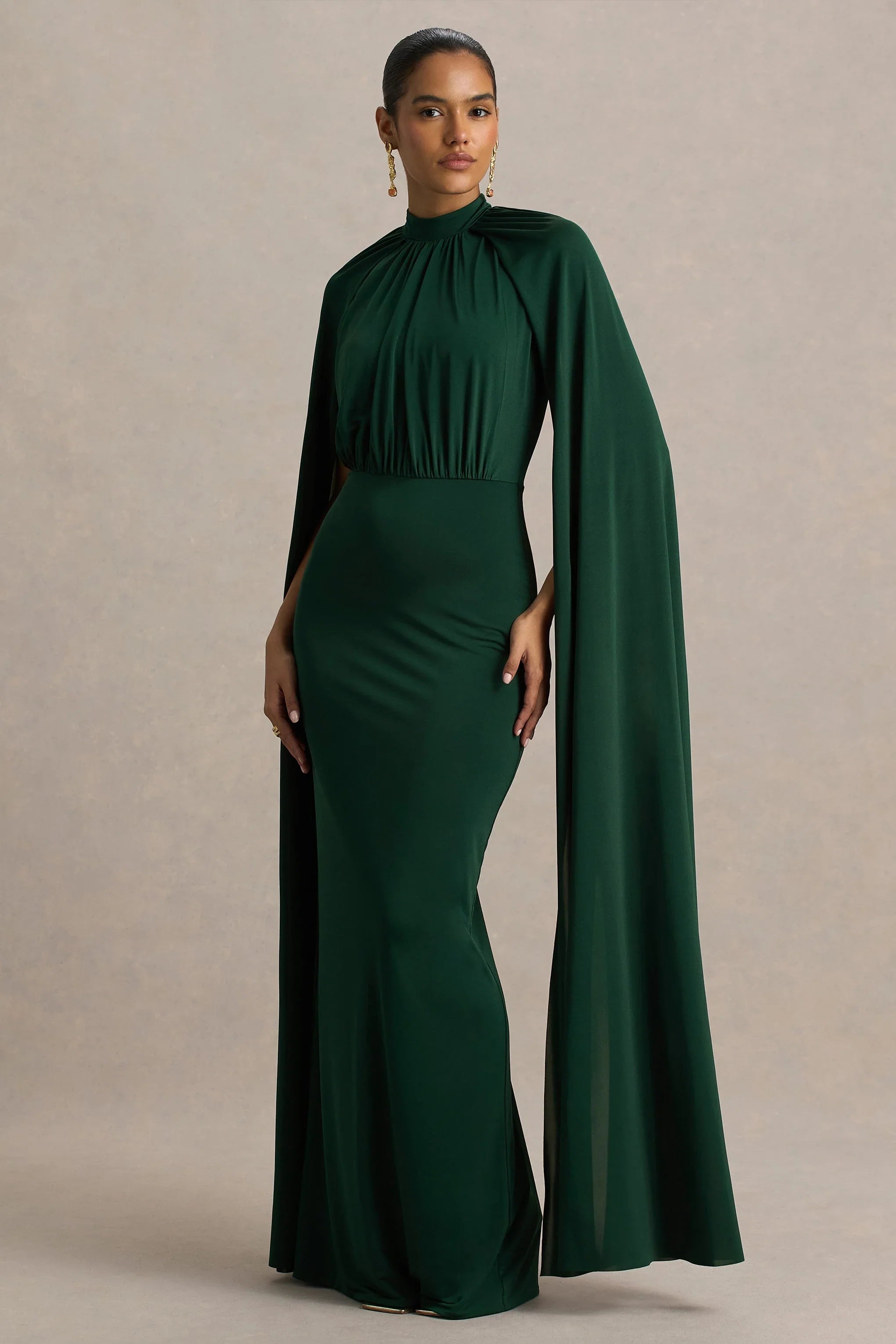 Darielle Bottle Green High Neck Cape Sleeve Maxi Dress