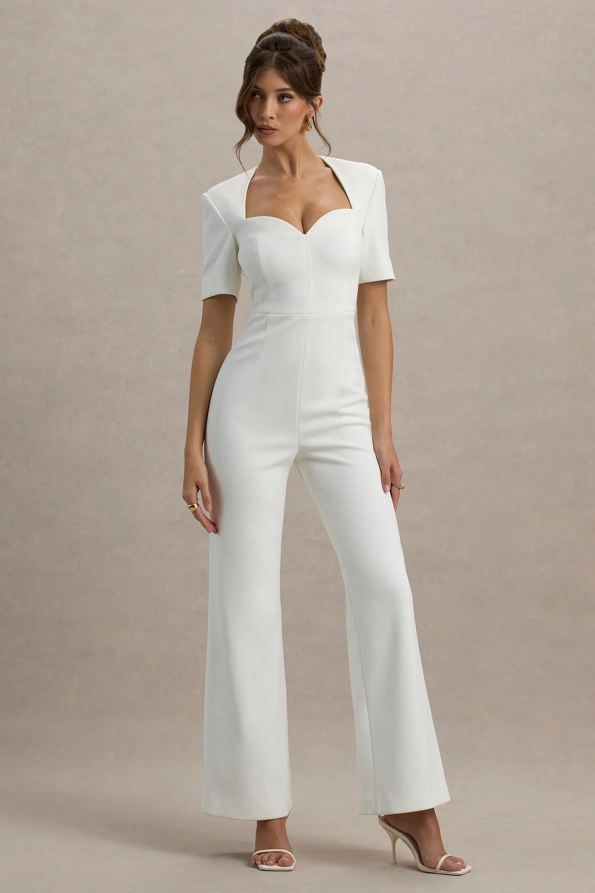 Simone White Sweetheart Short Sleeve Wide Leg Jumpsuit
