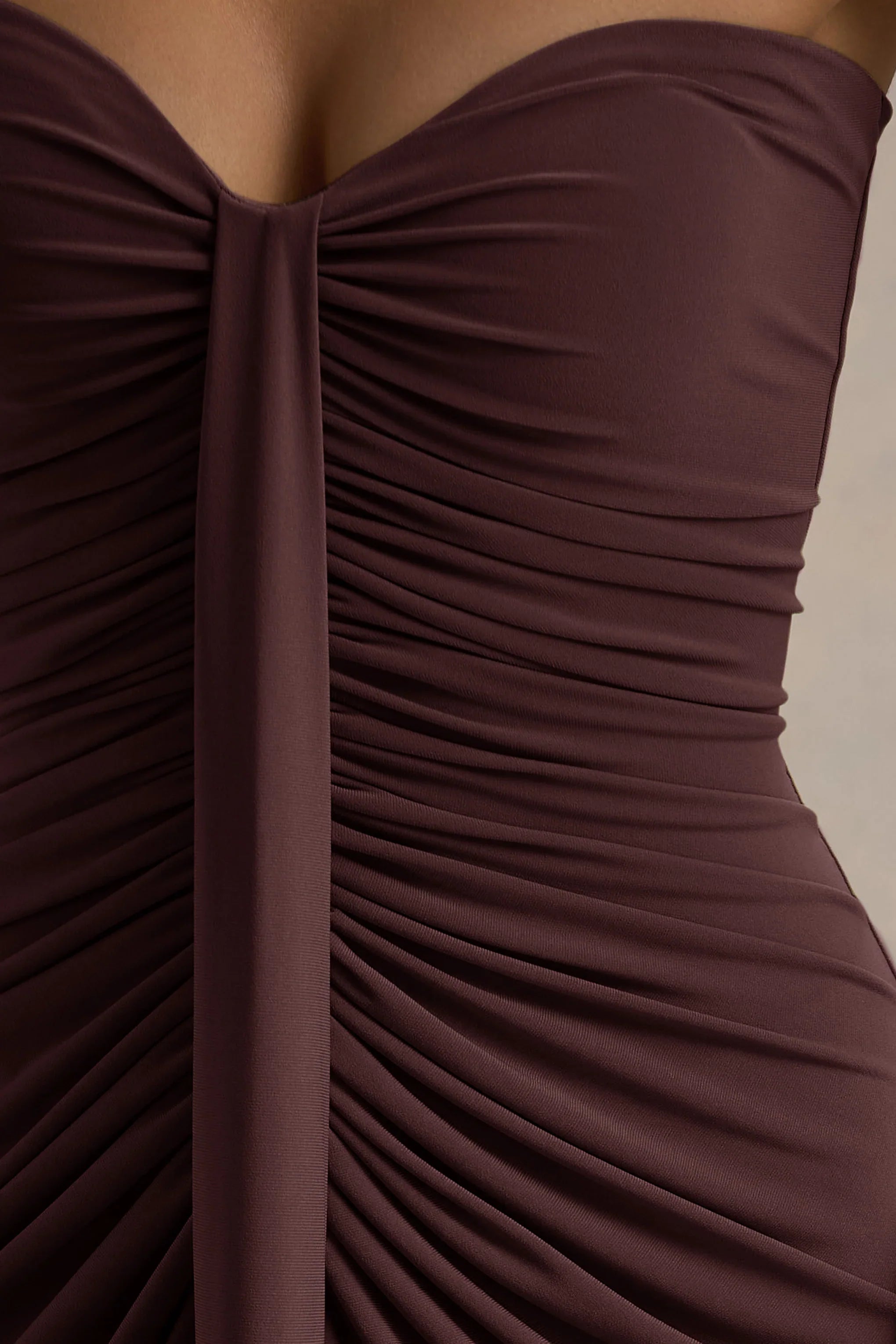 Ali Warm Brown Sweetheart Ruched Wrap Maxi Dress
