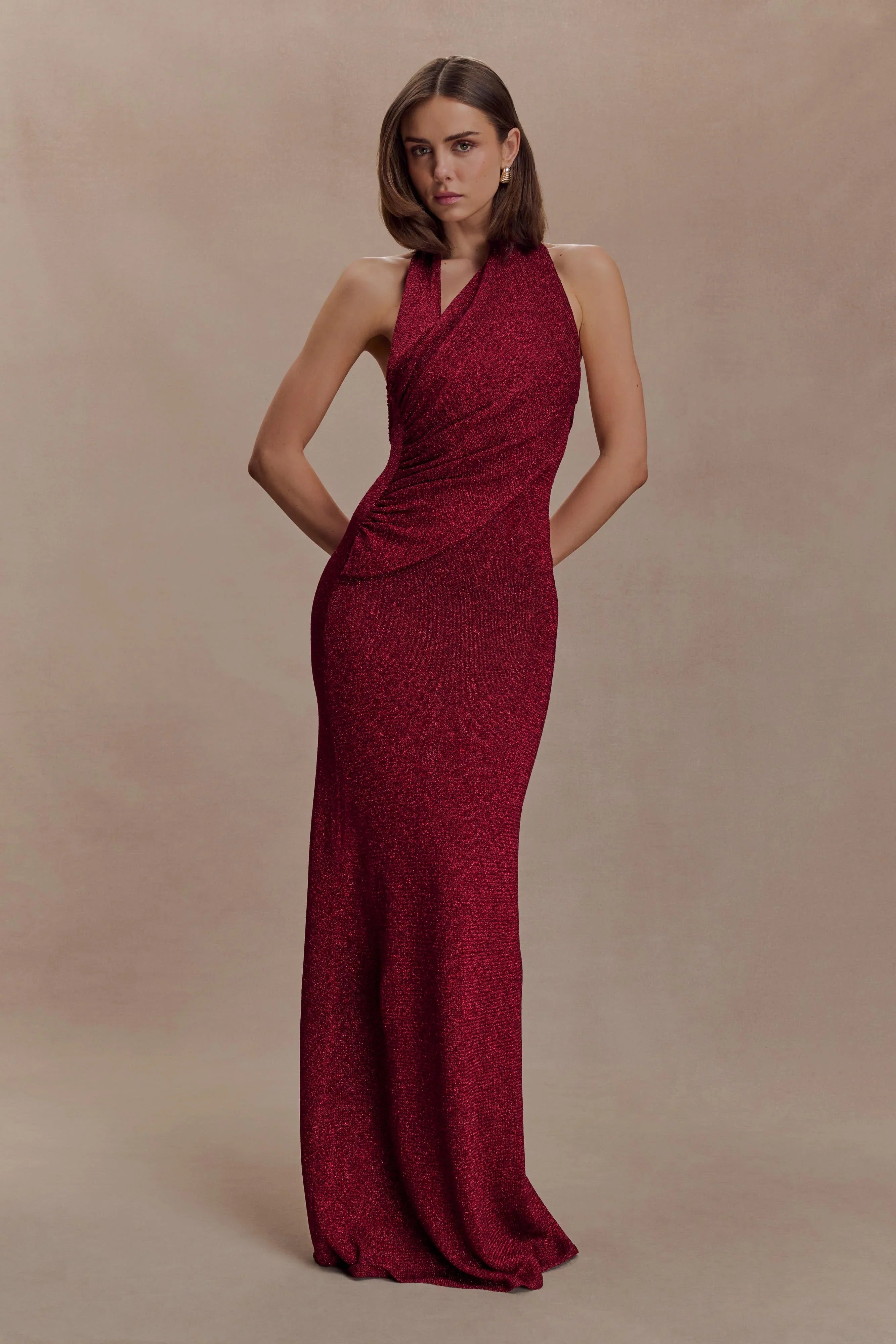 Elma Lurex Knit Halter Maxi Dress Deep Red