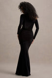 Deanna Black Asymmetric Long Sleeve Ruched Maxi Dress