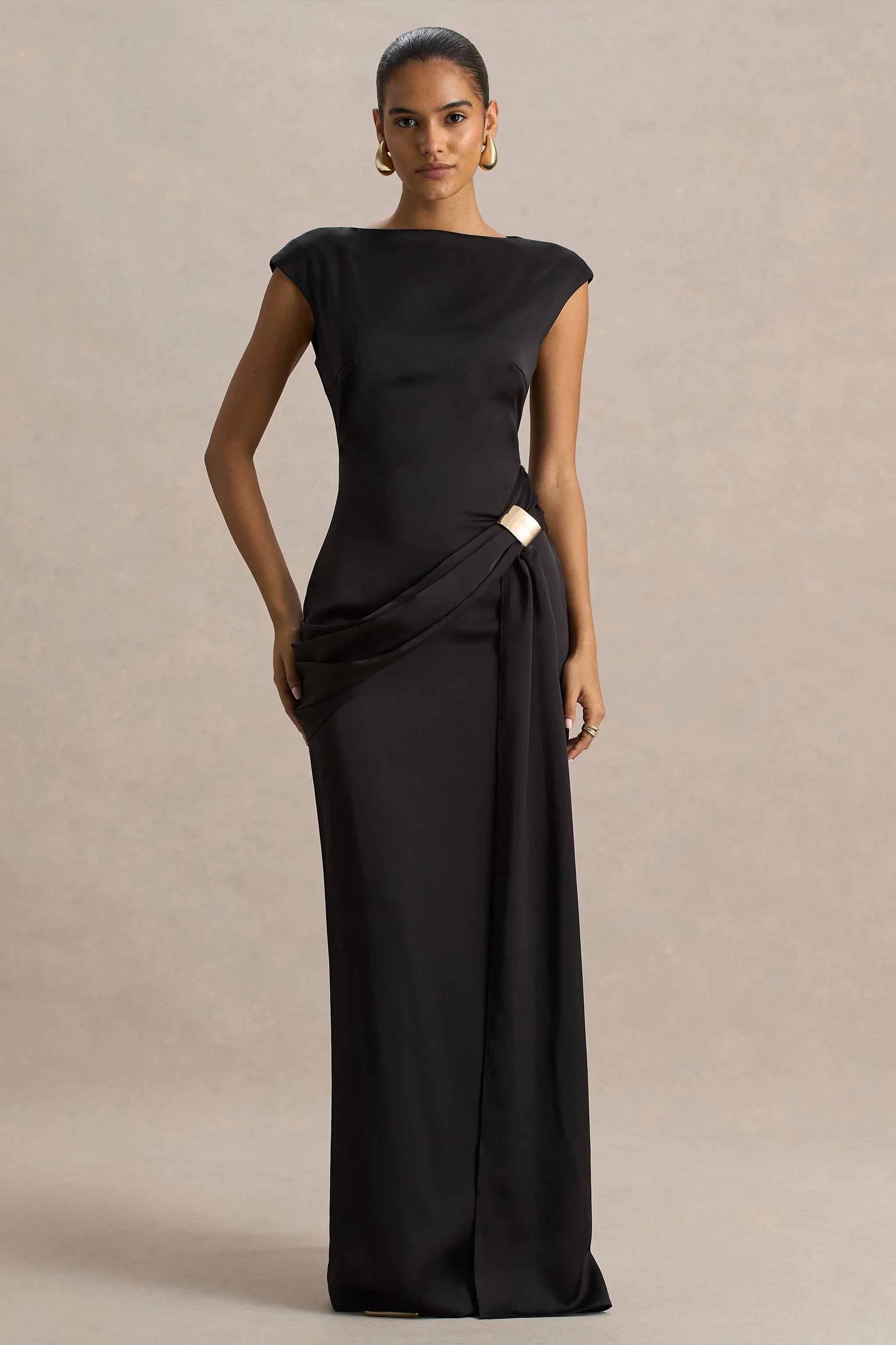 Influence Black Satin Slashed Neck Maxi Dress With Embellished Detail And Sash