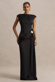 Influence Black Satin Slashed Neck Maxi Dress With Embellished Detail And Sash
