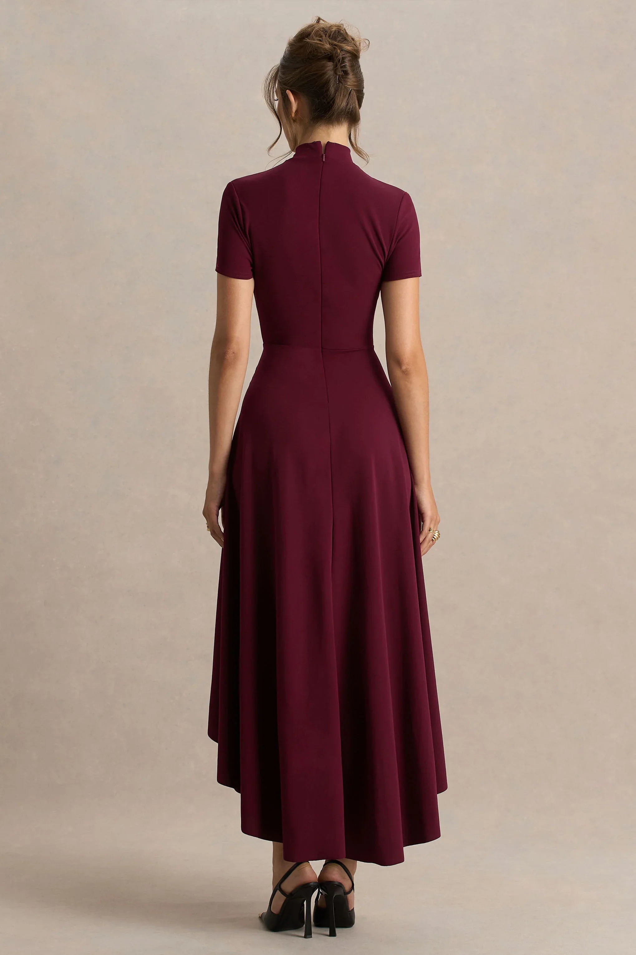 Bellona Burgundy High Neck High Low Midi Dress