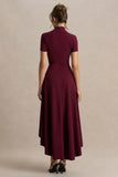 Bellona Burgundy High Neck High Low Midi Dress