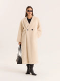 Cream Shearling Longline Buttoned Coat