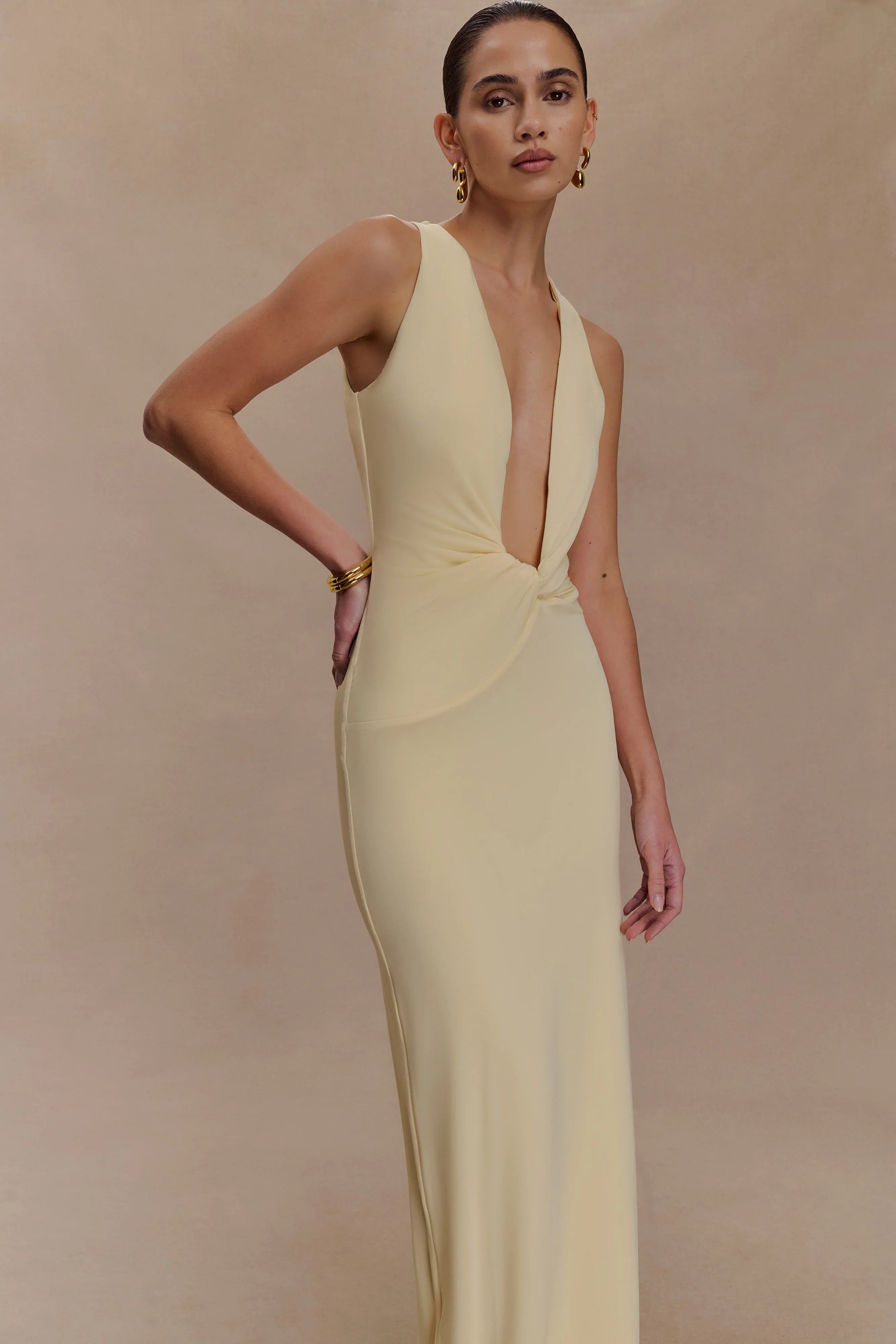 Stella Draped Slinky Maxi Dress Pale Lemon